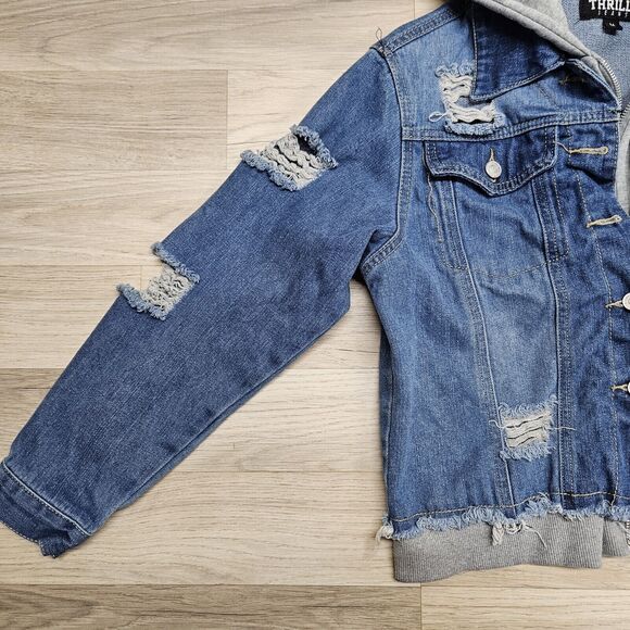 THRILL JEANS Womens Blue Gray Layered Distressed Denim Jean Jacket Medium - Picture 4 of 14